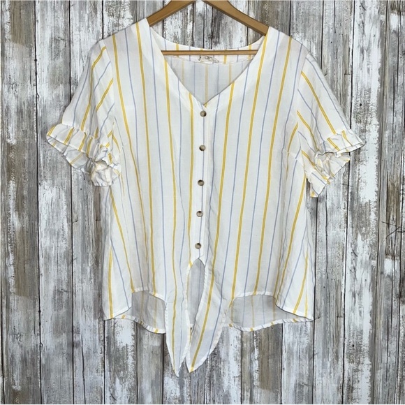 Hem & Thread Tops - Hem & Thread White Vertical Yellow & Blue Stripe Button Tie Front Blouse